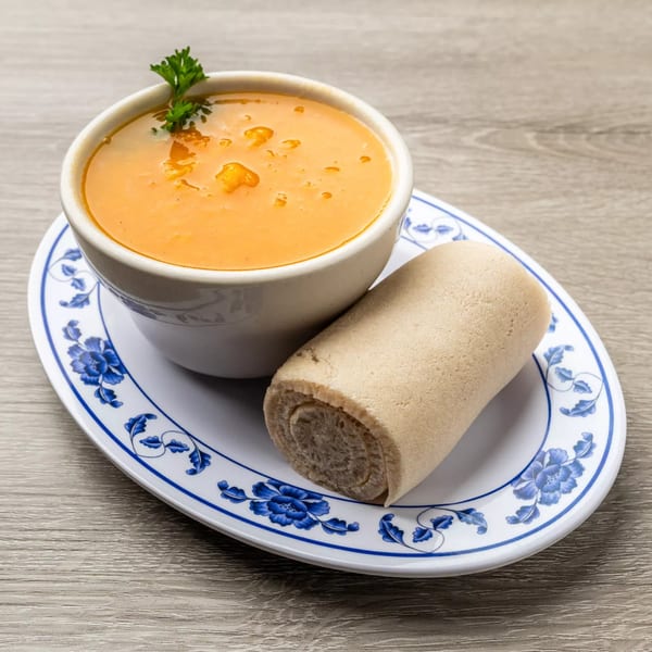 A bowl of orange Ethiopian lentil soup with parsley, and a rolled injera bread on a patterned plate.