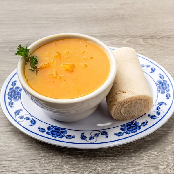 Ethiopian lentil soup with injera bread on a white plate with blue floral patterns.