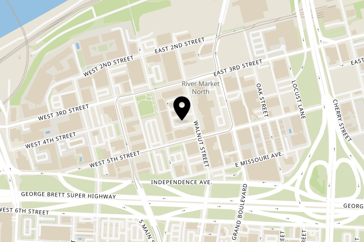 Map showing the location of Blue Nile Cafe on 20 E 5th Street in Kansas City